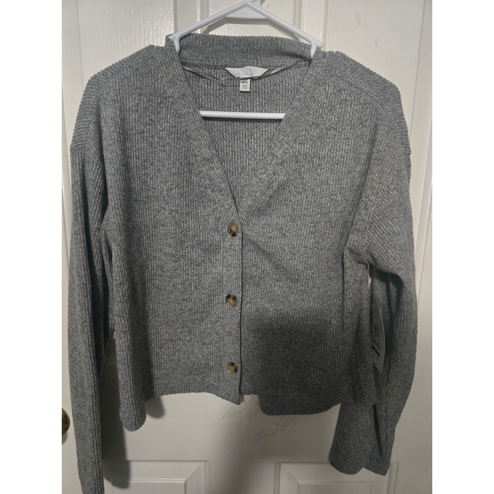 Time and Tru Womens Heather Grey Ribbed Button Front Cardigan Sweater Small 4-6